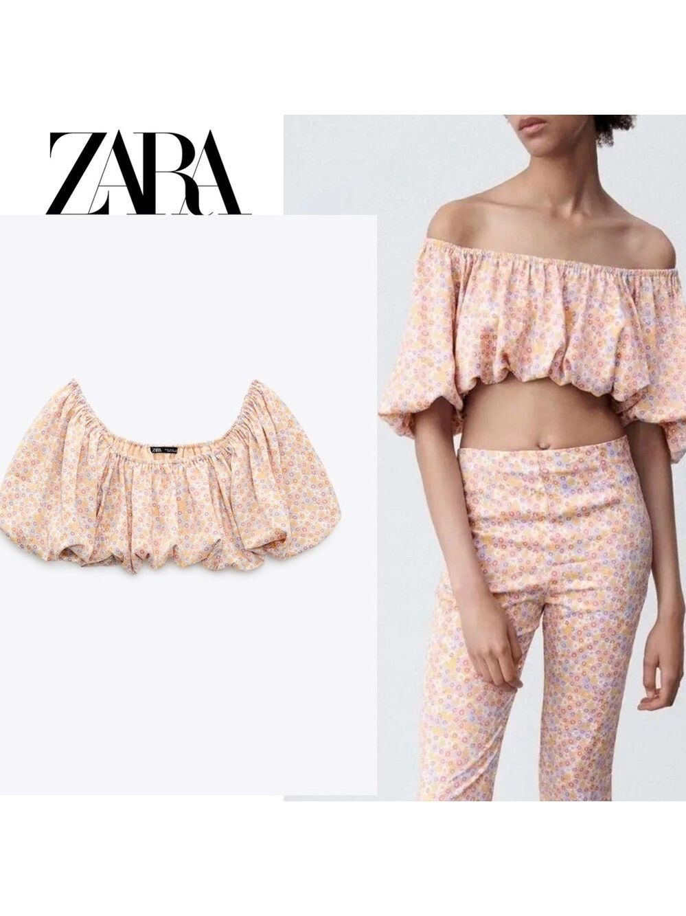 Zara Women's Floral Flower Print Off-Shoulder Crop Top Yellow Blue S NWOT boho